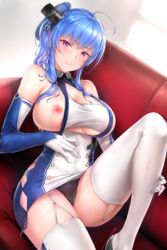 absurdres ahoge areolae argyle_cutout ass azur_lane bangs bare_shoulders black_panties blue_hair blurry blurry_background blush breasts buttons cameltoe cleavage closed_mouth couch dress elbow_gloves eyebrows_visible_through_hair female garter_straps glint gloves gradient gradient_background hair_ornament halterneck head_tilt highres huge_filesize knee_up large_breasts light_particles lips long_hair looking_at_viewer medium_hair nipples on_couch one_breast_out paid_reward panties patreon_reward ponytail purple_eyes rei_kun rudder_footwear shiny shiny_clothes shiny_hair shiny_skin shoes short_dress sidelocks simple_background sitting sleeveless smile solo st._louis_(azur_lane) thighhighs tied_hair underwear white_dress white_gloves white_legwear