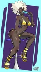 27lsd afro artist_name artist_signature ass ass_visible_through_thighs bikini breasts commission dark-skinned_female dark_skin dripping high_heels ice_cream legs licking nintendo no_more_heroes open_toe_shoes purple_eyes sandals senorlemonmg98 shinobu_jacobs sucking vectorframe very_dark_skin video_games white_hair wink zafirydraw