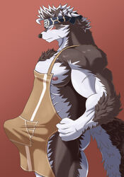 accessory anthro apron areola biceps blush bodily_fluids broken_(artist) brown_fur canid canine canis chest_tuft closed_eyes clothing erection erection_under_clothing fur fur_tuft headband hi_res horkeukamui male male_only mammal muscular muscular_male nipples pecs pink_areola pink_nipples portrait side_view solo sweat sweatdrop three-quarter_portrait tokyo_afterschool_summoners tuft video_games white_fur wolf