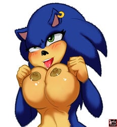 anthro big_breasts blue_fur blush breast_grab breasts eulipotyphlan female fur green_eyes grope hand_on_breast hedgehog huge_breasts lewdy_toons mammal nipples nude oddrich open_mouth piercing rule_63 simple_background sonic_(series) sonic_the_hedgehog sonique_the_hedgehog tongue tongue_out white_background