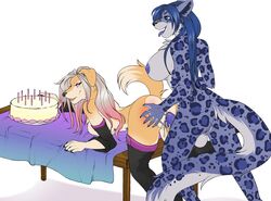 2019 5_fingers anthro anthro_on_anthro anthro_penetrated anthro_penetrating anthro_penetrating_anthro black_nose blue_eyes blue_hair breasts canid canine canis domestic_dog duo felid female female_penetrated futanari hair herm herm/female herm_penetrating intersex intersex/female intersex_penetrating kittentits leopard mammal pantherine penetration smile vaginal_penetration