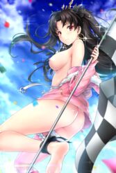 absurdres ankle_ribbon armlet ass bangs bare_shoulders barefoot black_bow black_hair blue_sky blurry blurry_background blush bottomless bow breasts checkered checkered_flag cloud cloudy_sky confetti crown day earrings fate/grand_order fate_(series) female flag floating_hair fur-trimmed_jacket fur_trim glint hair_ribbon hairbow highres holding holding_flag hood hood_down hoodie hoop_earrings huge_filesize ishtar_(fate) ishtar_(swimsuit_rider)_(fate) jacket jewelry large_breasts leg_garter lips long_hair long_legs long_sleeves looking_at_viewer looking_back naked_hoodie nipples no_bra off_shoulder open_clothes open_hoodie open_jacket outdoors paid_reward parted_bangs patreon_reward pink_jacket red_eyes rei_kun ribbon shiny shiny_hair simple_background single_thighhigh sky smile solo sparkle thigh_strap thighhighs tied_hair two_side_up