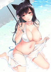 1girls animal_ears areolae atago_(azur_lane) atago_(summer_march)_(azur_lane) ayase_hazuki azur_lane bangs beach bikini black_hair blush breasts brown_eyes cleavage closed_mouth collarbone covered_nipples day extra_ears eyebrows_visible_through_hair female groin hair_ribbon head_tilt holding holding_umbrella large_breasts light-skinned_female light_skin long_hair looking_at_viewer mole mole_under_eye navel nipples ocean one_breast_out parted_lips ribbon sakura_empire_(azur_lane) sand sarong sitting skindentation smile solo stomach sunlight swept_bangs swimsuit thighs umbrella wariza white_bikini white_ribbon