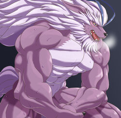 abs another_eden anthro balls barely_visible_balls barely_visible_genitalia biceps black_nose blue_eyes blush bodily_fluids breath broken_(artist) fur hi_res looking_down male male_only muscular muscular_male nude open_mouth pecs pink_tongue purple_fur simple_background solo species_request sweat tongue