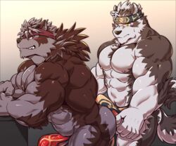 abs accessory anthro biceps brown_fur canid canine canis duo erection fur headband hi_res horkeukamui istani male male_only mammal multicolored_fur muscular muscular_male pecs red_eyes tokyo_afterschool_summoners triceps two_tone_fur video_games volkv_vseslav white_fur wolf yellow_eyes