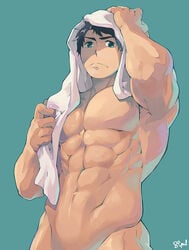 1boy 8_(yamalu) 8_degrees abs black_hair chest free! green_eyes hunk male male_only muscle muscles shirtless sousuke_yamazaki towel_on_head yamazaki_sosuke