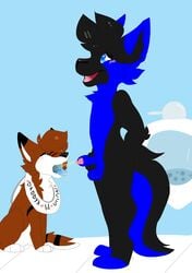 absurd_res blush bodily_fluids canid canine canis drinking drinking_urine duo english_text female genital_fluids hi_res inside male mammal omorashi peeing penis spazywolf standing text urine urine_in_mouth watersports wolf