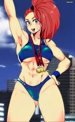 1girls abs arm_up armpit armpits bandaid bandaid_on_face biceps big_breasts blue_buruma blue_eyes blue_sports_bra blue_tank_top blue_wristband blush blushing breasts buruma busty captain_mizuki city city_background clothing colored confident curvy edit edited erect_nipples erect_nipples_under_clothes eyelashes female female_only fit fit_female fully_clothed gym_uniform hair_scrunchie hand_on_hip huge_breasts large_breasts looking_at_viewer medal medals minakami muscles muscular muscular_arms muscular_female navel nipples one-punch_man open_mouth outdoors ponytail red_hair redhead scrunchie sexually_suggestive shiny_clothes shiny_hair smile smiling sports_bra standing tank_top teeth text thick_legs thick_thighs third-party_edit tied_hair tight_clothes tight_clothing tongue underboob voluptuous wide_hips wristband