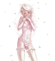 1boy 1femboy bulge confetti corrin_(fire_emblem) corrin_(fire_emblem)_(male) corset covering_mouth crossdressing cute cute_male femboy femboy_bride fire_emblem fire_emblem_fates flowers flowers_in_hair girly gloves hands_over_mouth light-skinned_femboy light-skinned_male light_skin lingerie male_bride male_only panties penis_under_clothes pointy_ears red_eyes samsara samsara_(shuukeura) short_hair sissy solo stockings thighhighs trap trap_bride veil wedding_lingerie white_background white_hair