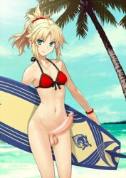 balls beach bikini blonde_hair edit fate/grand_order fate_(series) futa_only futanari game_cg intersex long_hair mordred_(fate) mordred_(swimsuit_rider) penis photoshop small_breasts smile standing surfboard