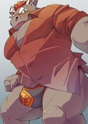 blush bovid bovine bulge clothing dress_shirt gyumao horn male male_only mammal muscular muscular_male pecs penis penis_base shi_rosaru675 shirt speedo swimwear tokyo_afterschool_summoners topwear video_games