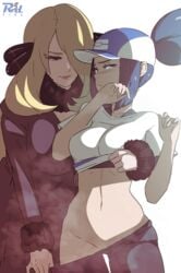 2girls abs age_difference belly bettie_(pokemon) big_breasts black_hair blonde_hair blue_eyes blue_hair blush breasts clothed clothes coat cynthia_(pokemon) eye_contact eyelashes female female_only grey_eyes hair_ornament hair_over_one_eye half-closed_eyes hat huge_breasts human large_breasts larger_female long_hair looking_at_viewer navel nintendo pantyhose pokemon pokemon_dppt pokemon_masters ponytail r3dfive shirt shirt_lift size_difference smaller_female standing text thick_thighs thigh_gap undressing undressing_another very_long_hair watermark white_background wide_hips yuri