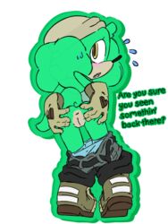 2019 3:4 alpha_channel anthro anus ass beanie bent_over blue_clothing blue_panties blue_underwear blush bodily_fluids boots bottomwear canid canine canis cleft_of_venus clothed clothing countershade_face countershading dialogue domestic_dog embarrassed female footwear fur gloves goldenbuckles green_fur green_hair hair handwear hat headgear headwear hi_res looking_at_viewer mammal mint_(goldenbuckles) mostly_nude naive nervous open_mouth panties panties_down pants_down partially_clothed poodle presenting presenting_anus presenting_hindquarters presenting_pussy pussy shirt shorts shorts_down simple_background solo sonic_(series) sonic_forces spread_butt spreading sweat tan_countershading topwear transparent_background underwear worried worried_expression