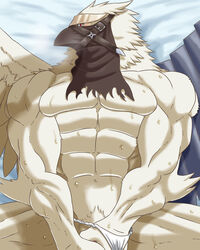 abs anthro avian barely_visible_genitalia barely_visible_penis beak biceps bird blush bodily_fluids breath broken_(artist) clothing covering covering_crotch feathered_wings feathers fundoshi hi_res japanese_clothing looking_at_viewer lying male male_only muscular muscular_male on_back pecs penis red_eyes solo sweat underwear wings