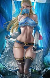 1girls abs arabian_clothes big_breasts blonde_hair blue_eyes breasts breath_of_the_wild cleavage female female_only gerudo_link_(cosplay) gerudo_outfit gerudo_sirwal gerudo_top gerudo_veil harem_outfit hourglass_figure hylian looking_at_viewer middle_eastern_clothing nintendo panties persian_clothing pinup pointy_ears princess_zelda sakimichan solo swana_clothing teenager the_legend_of_zelda thighhighs zelda_(breath_of_the_wild)