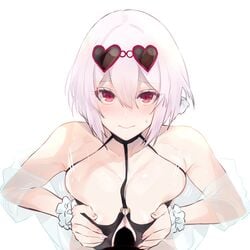 1boy 1girls azur_lane bangs bare_shoulders bikini black_bikini blush breast_squeeze breasts censored choker cleavage closed_mouth collarbone eyewear_on_head female hair_between_eyes heart heart-shaped_eyewear highres large_breasts light-skinned_female light_skin looking_at_viewer low_twintails male_pov male_silhouette o-ring o-ring_top paizuri penis penis_silhouette pov red_eyes royal_navy_(azur_lane) short_hair short_twintails silhouette simple_background sirius_(azur_lane) sirius_(scorching-hot_seirios)_(azur_lane) solo_focus straight sunglasses swimsuit twintails white_background white_hair yamaguchi_(shinigami-no-barad)