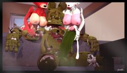 1boy 2girls 3d 3d_(artwork) big_breasts big_penis cum five_nights_at_freddy's fox foxy_(fnaf) huge_ass huge_balls huge_cock jerek_(artist) mangle_(fnaf) nipples no_bra no_panties penis piercing rabbit rule_63 springtrap springtrap_(fnaf) straight tease threesome