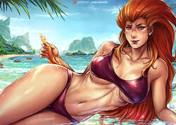 1girls absurdly_long_hair beach belly_button big_breasts bikini bra breasts busty claire_selton cleavage curvaceous curvy dc dc_comics dcau female female_only fiery_hair justice_league kachima large_breasts long_hair lying lying_down lying_on_side midriff navel nipple_bulge nipples ocean orange_eyes orange_hair panties patreon patreon_username purple_bikini purple_bikini_bottom purple_bikini_top purple_bra purple_lips purple_lipstick purple_panties red_hair sand solo stomach superman:_the_animated_series superman_(series) supervillain thick_thighs thighs tropical volcana_(dc) voluptuous water wet wet_clothes