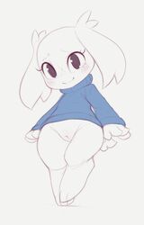 black_eyes blue_clothing blue_sweater blue_topwear blush bottomless cave_story clothed clothing eyelashes female full-length_portrait kekitopu lagomorph leporid looking_at_viewer mammal mimiga on_one_leg portrait pussy simple_background solo standing sue_sakamoto sweater topwear video_games