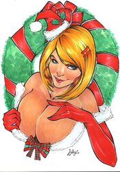 1girls 2018 alternate_costume big_breasts blonde_hair blue_eyes breasts busty christmas christmas_decorations christmas_hat christmas_present christmas_wreath cleavage curvaceous curvy dated dc dc_comics earrings earth-2 earth2 earth_2 ed_benes_studio eyeshadow female female_only fur gloves holidays hoop_earrings huge_breasts jsa justice_society justice_society_of_america kaloy_costa_(artist) kara_zor-l karen_starr kryptonian large_breasts makeup mascara mistletoe pinup power_girl red_earrings red_gloves red_lips red_lipstick ribbon santa_claus_(cosplay) santa_costume santa_hat short_hair signature smile smiling smirk smirking solo superheroine topwear upper_body voluptuous white_background white_fur