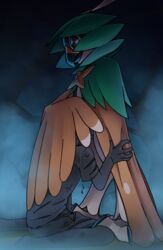 2018 ambiguous_gender avian beak bird bodily_fluids bottomwear claws clothed clothing decidueye detailed_background duo feathers feet feral forced forced_oral half-closed_eyes human human_on_anthro interspecies katahane3 mammal nintendo nude oral pants pokémon_(species) poképhilia pokemon pokemon_sm red_eyes shirt sitting size_difference standing sweat topwear video_games wet wings