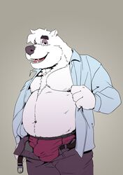 2019 absurd_res aggressive_retsuko anthro belly bulge clothing fur hi_res humanoid_hands male male_only mammal moobs navel overweight overweight_male polar_bear polarwave sanrio shirota shirt simple_background smooth_fur solo topwear underwear ursid ursine white_fur