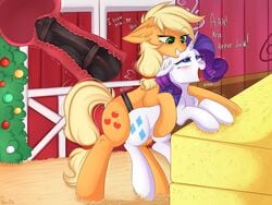 2019 4:3 absurd_res applejack_(mlp) barn blush cutie_mark dildo duo earth_pony edit english_text equid equine female feral friendship_is_magic hair hi_res horn horse internal mammal my_little_pony penetration pesty_skillengton pony raised_inner_eyebrows rarity_(mlp) sex sex_toy strap-on text unicorn uterus vaginal_penetration yuri