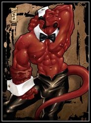 bulge dark_horse demon detached_cuffs flaccid hellboy hellboy_(series) hellboysoto male male_focus male_only muscles muscular_male penis_outline red_skin solo soto