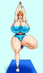 1girls alternate_version_available arms_up big_breasts bimbo black_eyes bracelet bracer breasts breasts_bigger_than_head busty cleavage curvy ear_piercing earrings eyelashes female female_only front_view hourglass_figure huge_breasts human leg_lift leg_up long_hair looking_at_viewer midriff muscle muscular muscular_female nami nami_(one_piece) negoto_(nego6) one_piece open_mouth orange_hair piercing ponytail pose posing shiny shiny_skin shoes short shounen_jump sneakers sock solo standing thick_thighs tits voluptuous wide_hips yoga