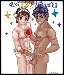 2boys abs bara black_border brown_eyes brown_hair bunny_ears bunny_panties cosplay dark-skinned_male dark_skin erect_nipples erection gay glossy_hair grin handjob holding_penis hop_(pokemon) huge_cock huge_penis human interracial large_penis latibello male male_only muscular muscular_male no_pubic_hair one_eye_closed panties poke_ball pokemon pokemon_(cosplay) pokemon_ss pose purple_hair scorbunny_(cosplay) smile text topless twink underwear_only victor_(pokemon) watermark white_background wink yaoi