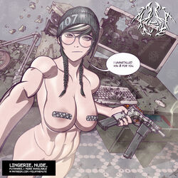 1girls abs breasts casual computer desktop dokkaebi_(rainbow_six) electronics eyewear female female_only firearm glasses gun handgun human large_breasts mila_the_mute muscular_female naked_hat nude oppai pale_skin pasties pinup rainbow_six rainbow_six_siege solo tagme taped_nipples tom_clancy weapon