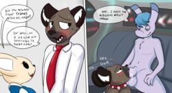 aggressive_retsuko anthro anthro_on_anthro asinus balls big_penis black_eyes black_nose blue_hair blue_text blush bodily_fluids brown_fur canid canine car collar comic cum cum_in_mouth cum_inside cum_on_balls cum_on_penis dialogue donkey english_text equid equine fellatio female fennec fenneko fox fur genital_fluids grey_balls grey_eyes grey_penis haida hair hi_res hyaenid interspecies kneeling looking_down looking_up male mammal nervous no_pupils nude office_lady onomatopoeia open_mouth oral penile penis sanrio sex sharp_teeth sitting smooth_fur sound_effects speech_bubble spike spiked_collar spikes spotted_hyena starit tadano_(aggretsuko) tan_fur text vehicle white_fur yaoi