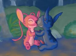 1boy 1girls 2017 4_fingers 4_toes alien angel_(lilo_and_stitch) antennae back_markings blue_body blue_nose chest_markings claws closed_eyes disney duo experiment_(species) feet female flat_chest forest hand_holding head_markings hi_res kissing lilo_and_stitch male markings night notched_ear nude occipital_markings outside pawpads penis pink_body purple_claws purple_nose purple_pawpads pussy romantic shinazuka sitting small_tail smile stitch straight toe_claws toes tree