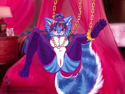 2019 alyssa_(darkriderx) ankle_cuffs anthro bed blue_eyes blush bondage bondage bound breasts chains clothing collar esferaosamael felid female fishnet fishnet_legwear gold_collar hands_behind_back lamp legwear looking_at_viewer lying mammal nipple_chain nipples on_back pantherine presenting presenting_pussy pussy shackles solo spikes tiger