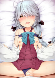 1boy ahoge bangs bar_censor black_ribbon blue_neckwear blush bow bowtie bra braid breasts breasts_out brown_eyes censored clothed_sex commentary_request cum cum_in_pussy cum_inside eyebrows_visible_through_hair female grey_hair hair_between_eyes hair_over_eyes hair_over_one_eye hair_ribbon hamanami_(kantai_collection) happy_sex holding kantai_collection long_hair long_sleeves looking_at_viewer lying missionary nipples off_shoulder on_back on_bed open_mouth panties panties_aside penis pov pov_eye_contact pussy revision ribbon school_uniform sex shacho_(ko_no_ha) shirt single_braid small_breasts smile solo_focus spread_legs straight sweat tears underwear vaginal_penetration white_shirt