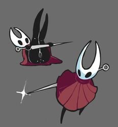 absurdres arthropod ass blush cloak female highres hollow_knight hornet_(hollow_knight) insects lying mob_face needle notepaddy pussy simple_background solo weapon