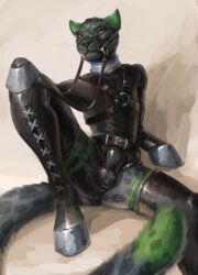 akineza anthro balls_outline belt bondage_gear clothing collar felid feline hi_res hooves legwear looking_at_viewer male mammal reins rubber sheath_outline solo thigh_highs