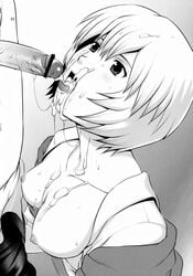 1boy bar_censor black_and_white breasts censored cleavage clothing collarbone cum cum_in_hair cum_in_mouth cum_on_breasts cum_on_face expressionless facial fellatio female hair_between_eyes highres medium_breasts neon_genesis_evangelion nipples open_clothes open_shirt oral page_32 penis rei_ayanami saigado saigadou school_uniform short_hair tongue tongue_out