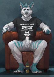 alcohol anthro arcticlion balls beverage bottomless canid canine clothed clothing erection humanoid_penis looking_at_viewer male male_only mammal penis shirt sitting solo topwear uncut