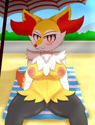 1girls absurd_res anthro anthrofied areolae ass beach big_ass big_belly big_breasts big_ears big_eyes black_fur blush braixen breasts canine chubby eyelashes female female_only fox furry hi_res highoncoffee large_breasts looking_at_viewer mammal navel nintendo nipples nude orange_eyes orange_fur original_character pokémon_(species) pokemon pokemon_(species) pokemon_xy presenting presenting_hindquarters pussy sand seaside shadow sitting smile spread_legs spreading tail teeth text thick_thighs video_games watermark white_fur wide_hips yellow_fur