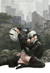 1boy 1girls arched_back art blindfold cowgirl_position erotic_painting face_in_breasts girl_on_top implied_sex motorboating nier:_automata nier_(series) riding sensual straddle straddling sucking_breast thighhighs white_hair woman_on_top ylvish ylvish_(ylvy) yorha_2b yorha_9s