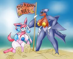 2019 2girls absurd_res anthro anthrofied areolae armpits beach big_ears big_eyes black_sclera blue_fur blue_sclera blue_skin breasts canine claws dragon eeveelution feet female female_only fins flag fur furry gabite garchomp hi_res holding huge_ass huge_breasts inverted_nipples kneeling lime09 long_ears nintendo nipples nude original_character pink_fur pokémon_(species) pokemon pokemon_(species) pokemon_dppt pokemon_xy pokemorph pussy red_skin ribbons sand scalie standing sylveon text thick_thighs video_games watermark white_eyes white_fur wide_hips yellow_eyes yellow_skin