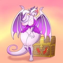 1:1 2019 anthro areola arimyst_glacinda big_breasts breasts dragon fangs female hi_res horn lonbluewolf looking_at_viewer nightgown nipples one_eye_closed open_mouth purple_eyes pussy solo soulblader teeth tongue wings wink