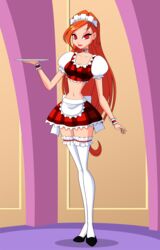 1girls bloom_(winx_club) female hi_res high_heels highres human hypnosis jimryu looking_at_viewer maid maid_headdress mind_control orange_hair red_eyes solo thighhighs winx_club