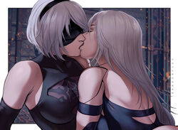 2girls breasts cleavage dandon_fuga female female_only kissing nier nier:_automata yorha_2b yorha_a2 yuri