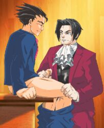 2boys ace_attorney blue_dogz cryptic_alloy gyakuten_saiban handjob male_only miles_edgeworth phoenix_wright wrightworth yaoi