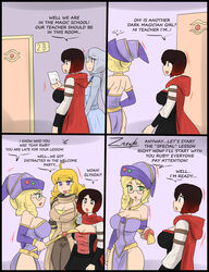 3girls comic cosplay dark_magician_girl_(cosplay) female female_only glynda_goodwitch multiple_girls ruby_rose rwby teacher teacher_and_student text weiss_schnee yang_xiao_long yu-gi-oh! zronku