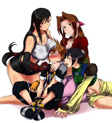 1boy 3girls aerith_gainsborough black_hair blue_eyes blush brown_hair disney dress female final_fantasy final_fantasy_vii green_eyes hair_ribbon headband kasu_yasuto kingdom_hearts male nervous red_eyes short_hair sitting skirt sora square_enix sweat tank_top tifa_lockhart very_long_hair yuffie_kisaragi