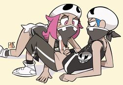 1boy 1girls all_fours ass big_eyes big_penis blue_eyes blue_hair blush breasts clothed cum cum_on_penis erection eyelashes face_mask fellatio_under_mask female female_team_skull_grunt half-closed_eyes handjob hat human joshin long_hair looking_down male mask necklace nintendo penis penis_out pink_eyes pink_hair pokemon pokemon_sm rapp_(pokemon) shirt shoes short_hair shorts simple_background sitting small_breasts socks source_request straight team_skull team_skull_grunt team_skull_grunt_(female) team_skull_grunt_(male) text tupp_(pokemon) veins veiny_penis watermark wet yellow_background