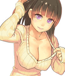 1girls bangs breasts brown_hair bust cleavage collarbone female female_only hand_in_hair huge_breasts large_breasts long_hair nipple_bulge nipples no_bra plain_background portrait purple_eyes smile smiling solo solo_female sweater sweater_pull yuuji_(and)